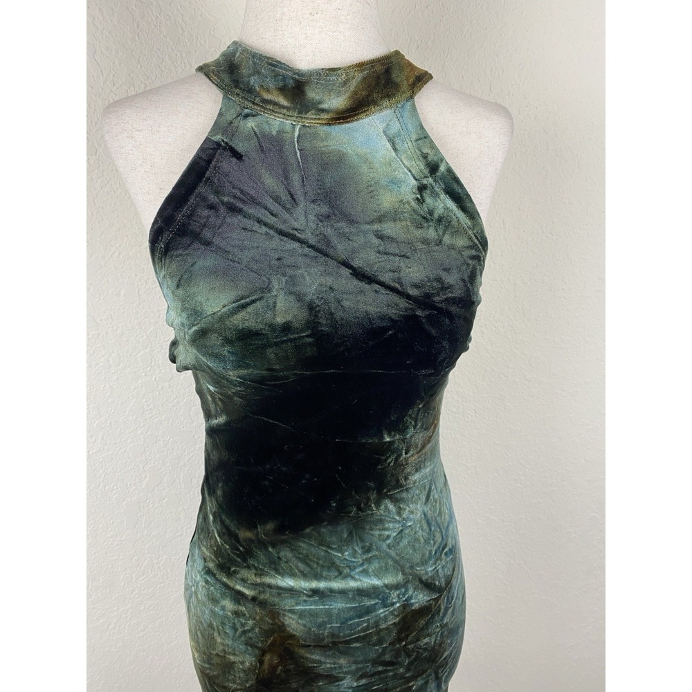 Vtg Y2k Helios 2 Maxi Evening Gown Velvet Green Halter Backless Whimsigoth S 90s - Picture 8 of 8